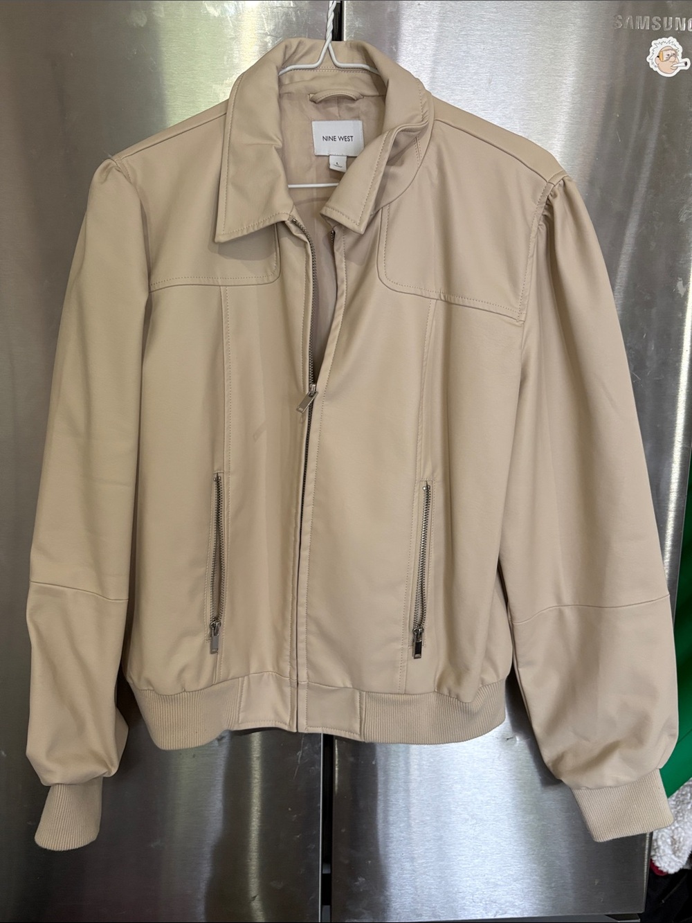 Nine West Neutral Beige Faux-Leather Bomber Jacket